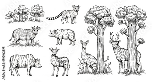 Collection of Hand Drawn Forest Animals and Trees.