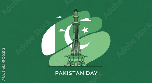 Pakistan day celebration with iconic minar e pakistan monument and flag design