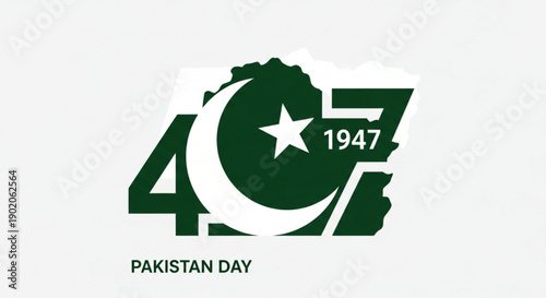 Pakistan day logo with green map crescent moon star and 1947 date on white background