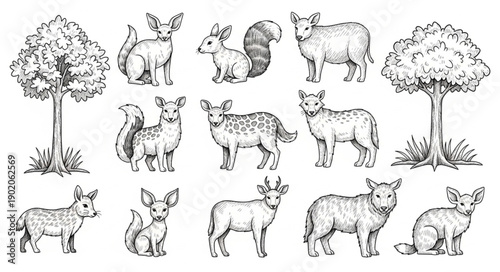 Collection of Hand Drawn Forest Animals and Trees Sketch.