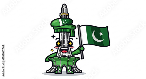 Pakistan flag waving minar e pakistan monument cartoon illustration
