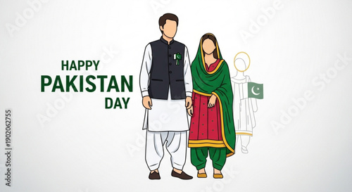 Happy pakistan day illustration of man and woman in traditional attire