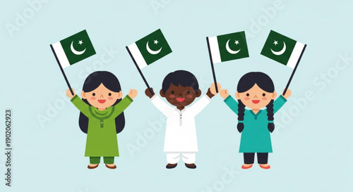 Diverse children celebrating with pakistani flags in hands joyful independence day scene with kids in traditional clothing