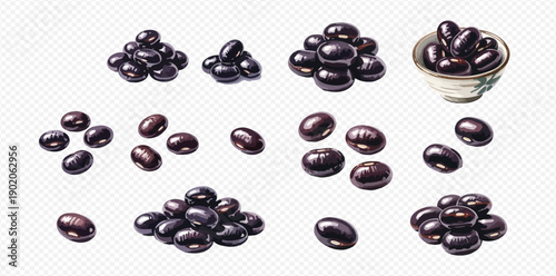 Set of black beans in various piles and a bowl, isolated on a transparent background.
