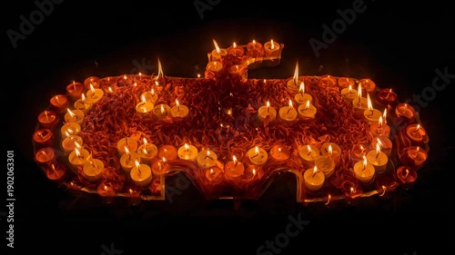 Illuminated pumpkin: A warm, inviting tableau of a pumpkin silhouette aglow with numerous candles, evokes the festive spirit of Halloween.