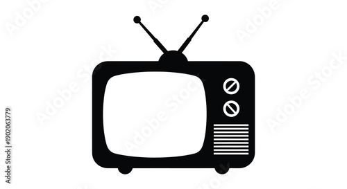 A simple black graphic depicts an old fashioned television set with rabbit ear antennas a blank screen and a bold silhouette