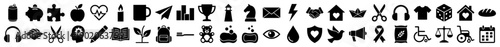 Lifestyle and business icons in a solid black glyph style featuring various everyday objects