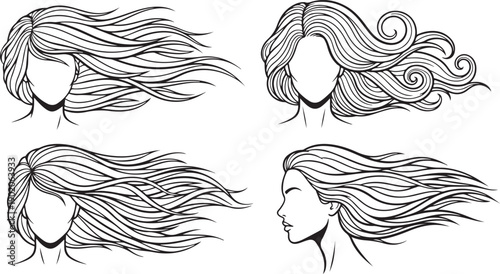 Four Stylized Black and White Illustrations of Women's Hair Keywords: women's hair, flowing hair