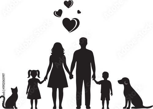 Silhouette family with pets and hearts on white background vector illustration