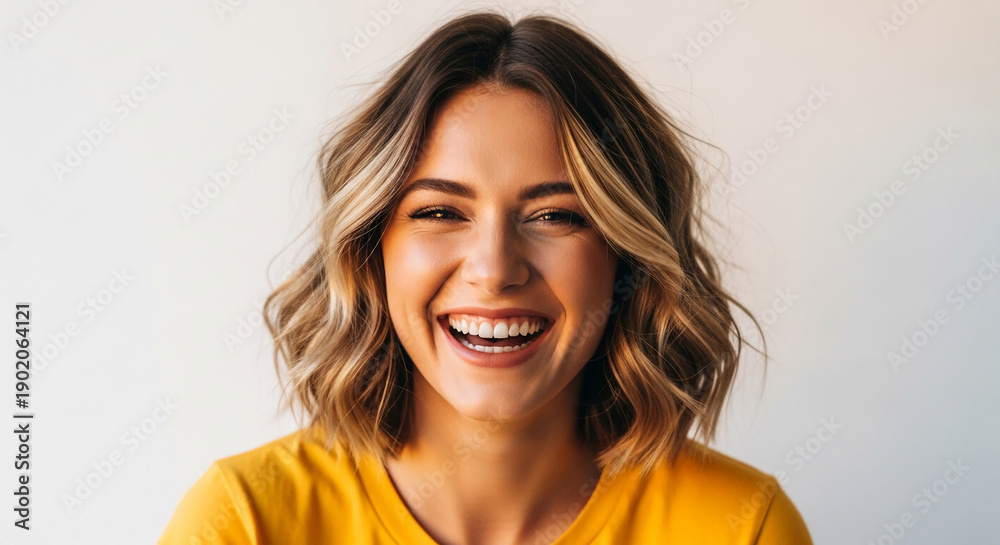 Naklejka premium Close-up of a young woman with blonde hair, wearing a yellow shirt, laughing brightly against a white background, conveying joy and happiness