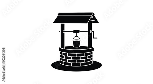 A simple black silhouette of a classic wishing well with a bucket evoking nostalgia and rural scenes silhouette
