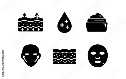 Skincare icons representing skin layers, hydration, face treatment, and sheet masks