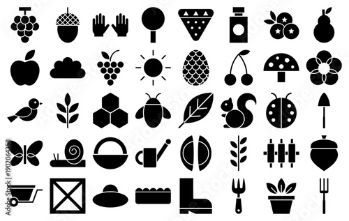 Autumn and garden icons in a black filled silhouette style for seasonal web and app interfaces