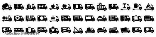 Delivery truck icons in a black filled silhouette style for transport and logistics services