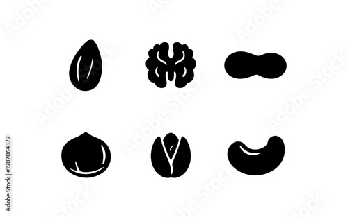 Collection of six different nut and seed icons in a simple black and white graphic style