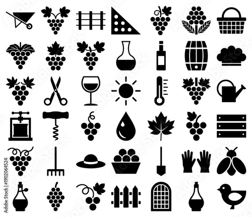 Winemaking and vineyard icons in a minimalist black filled silhouette style