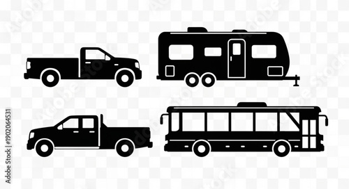 Collection of Silhouetted Vehicles Including Pickup Trucks Camper Trailer and Bus.