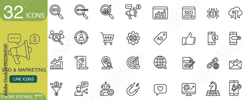 Professional set showing digital seo and marketing line icon for business web optimization. Clean vector collection features symbol like target, graph, megaphone for modern commercial strategy