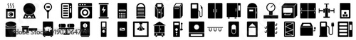 Industrial and commercial appliance icons in a minimalist black filled silhouette style