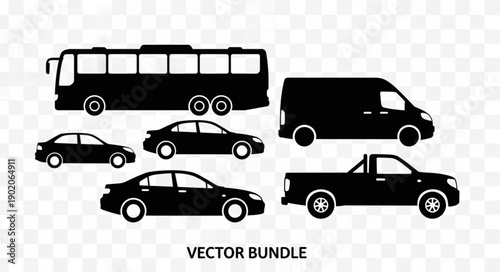 Collection of Silhouetted Vehicles on Transparent Background.
