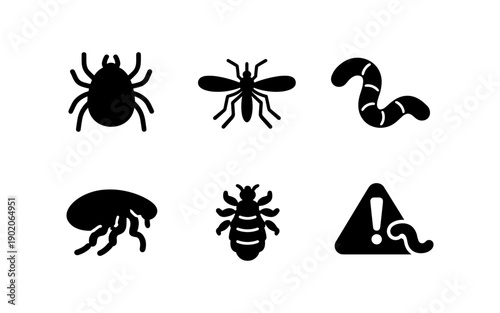 Collection of pest and insect icons including tick, mosquito, worm, flea, and louse