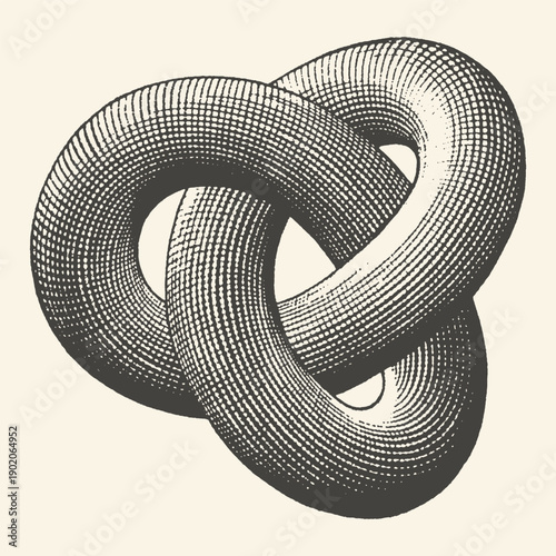 Intricate mathematical knot rendered in vintage engraving style on a cream background, abstract, complex geometry, conceptual art