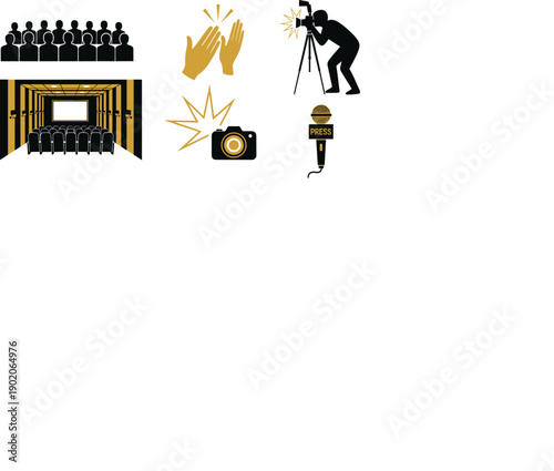 Award ceremony with stage, audience, paparazzi, and press, vector silhouette illustration