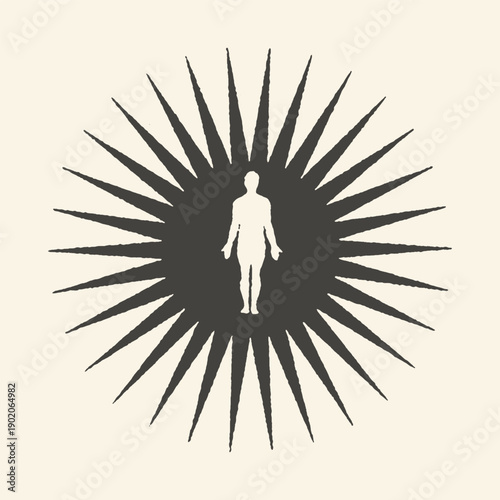 Silhouette of a man within a stylized radiating sunburst or mandala design, symbolizing inner light, spiritual awakening, or personal power in minimalist black and white.