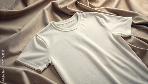 Blank white t-shirt on textured beige fabric background with soft lighting for apparel mockup