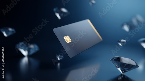 A credit card floats above sparkling diamonds on a dark blue background. The scene conveys luxury and financial success.