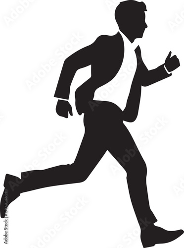 Businessman running or hurrying in suit and tie side view vector silhouette illustration