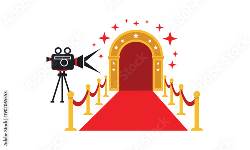 Red carpet entrance with golden arch and stars, vector line art camera illustration