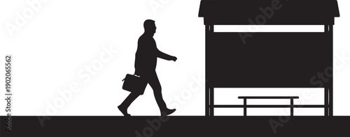 Commuter man walking past bus stop shelter holding briefcase vector silhouette illustration