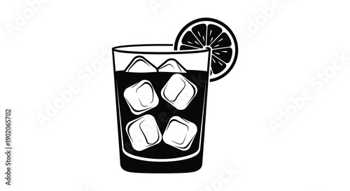 A black and white illustration depicts a glass of iced drink with a citrus slice a striking silhouette