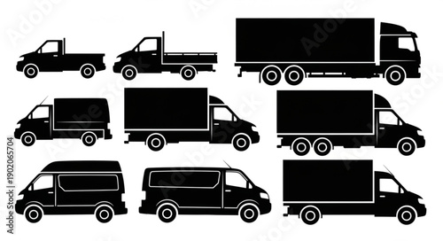 Collection of Silhouetted Trucks and Vans for Transportation and Delivery.