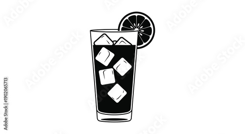 A striking black and white illustration depicts a tall glass of cola with ice and a citrus garnish silhouette