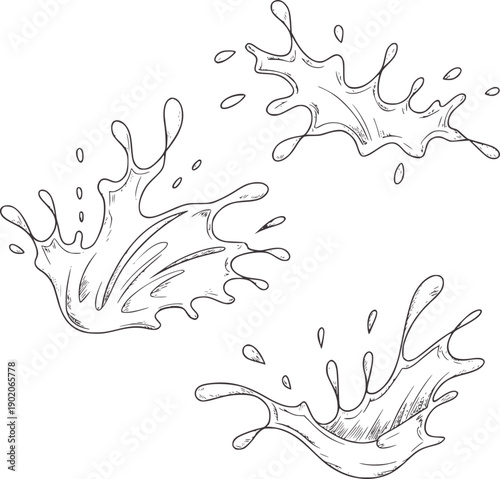Hand drawn of three dynamic water splashes and droplets liquid fluid