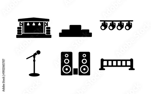 Collection of concert and event icons including stage, speakers, microphone, and lighting