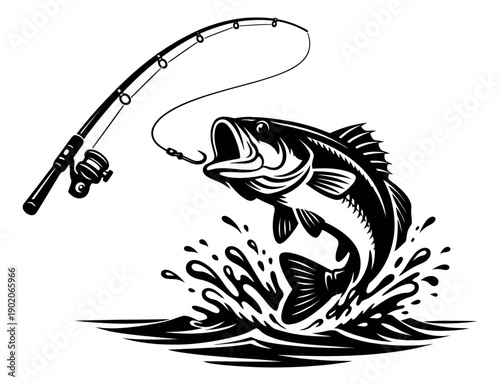 Stylized graphic illustration of a bass fish and fishing rod depicting a dramatic catch with water splash for fishing sports