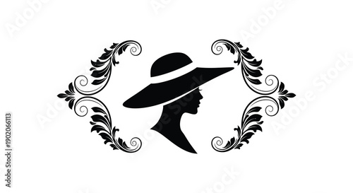 An elegant black silhouette of a woman wearing a wide brimmed hat framed by ornate floral swirls silhouette high quality