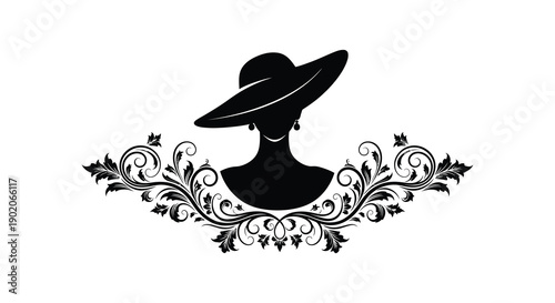 An elegant black silhouette of a woman in a wide brimmed hat adorned with floral embellishments silhouette high quality