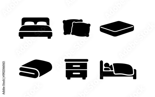 Collection of bedroom furniture and sleep icons in a simple black and white graphic style