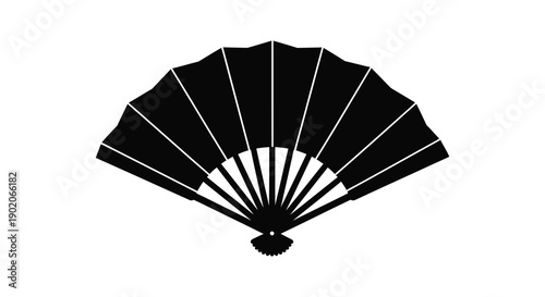 An elegant unfolded hand fan is depicted in stark black against a white background creating a striking silhouette