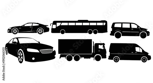 Collection of Silhouetted Vehicles Including Cars Bus Truck Van.