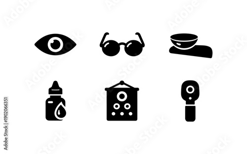 Set of six black ophthalmology icons representing eye care and vision testing tools