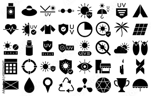 Sun protection and UV safety icons in a black solid glyph style for weather and health apps