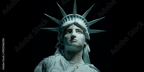 A close-up of the Statue of Liberty's head and crown, showcasing its majestic details against a dramatic backdrop