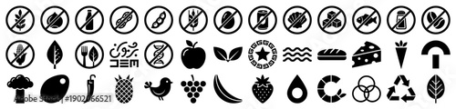 Food allergen and dietary restriction icons featuring a black minimalist symbol collection