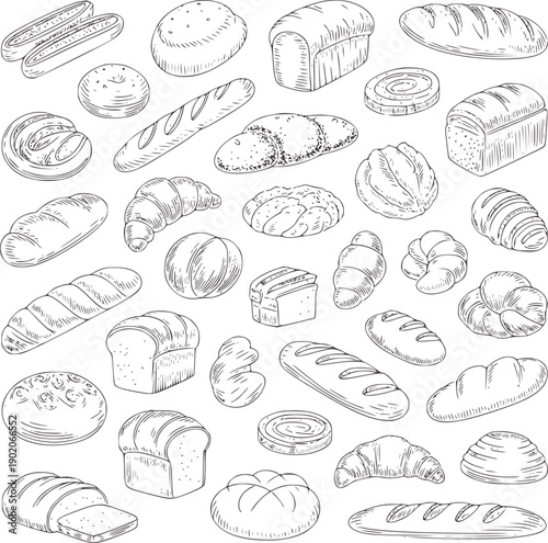 Pen and ink of assorted baked bread and pastries pastry loaf baguette