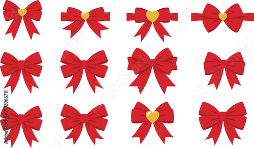 Red ribbon bow vector set with golden hearts for luxury gift packaging wedding invitations or romantic holiday branding